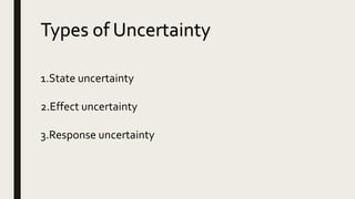Types of Uncertainty
1.State uncertainty
2.Effect uncertainty
3.Response uncertainty
 