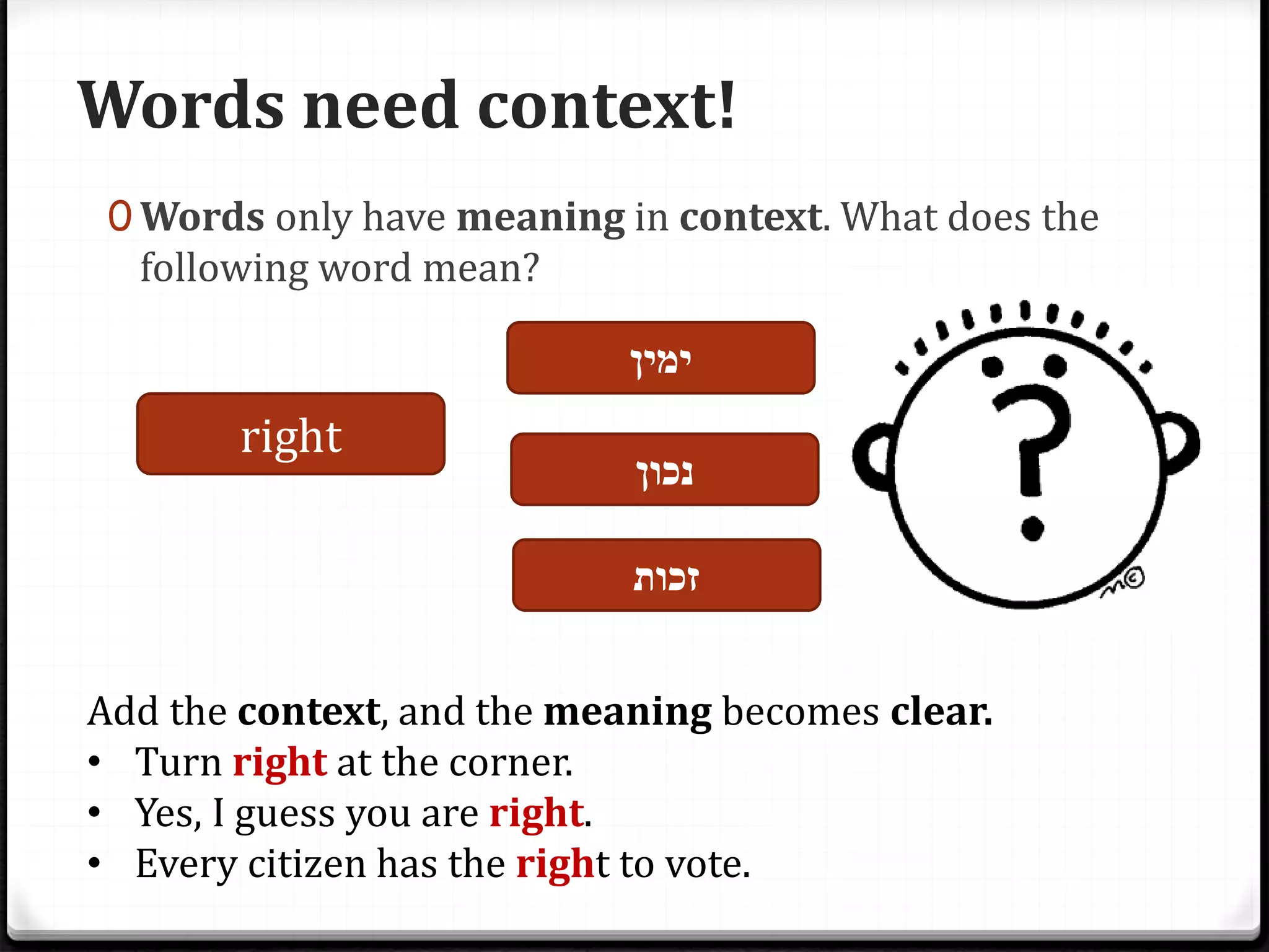 Words need context!
0 Words only have meaning in context. What does the
following word mean?
right
‫זכות‬
‫נכון‬
‫ימין‬
Add the context, and the meaning becomes clear.
• Turn right at the corner.
• Yes, I guess you are right.
• Every citizen has the right to vote.
 