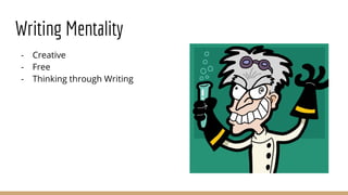Writing Mentality
- Creative
- Free
- Thinking through Writing
 