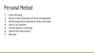 Personal Method
1. Free Writing
2. Extract key concept of each paragraph
3. Build argument based on key concepts
4. Use it as outline
5. Verify what is missing
6. Write the document
7. Review
 