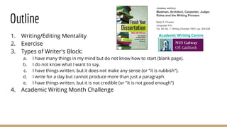 Outline
1. Writing/Editing Mentality
2. Exercise
3. Types of Writer's Block:
a. I have many things in my mind but do not know how to start (blank page).
b. I do not know what I want to say.
c. I have things written, but it does not make any sense (or "it is rubbish").
d. I write for a day but cannot produce more than just a paragraph.
e. I have things written, but it is not credible (or "it is not good enough")
4. Academic Writing Month Challenge
 