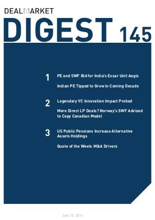 DIGEST145
June 13, 2014
1
2
PE and SWF Bid for India’s Essar Unit Aegis
Indian PE Tipped to Grow in Coming Decade
Legendary VC Innovation Impact Probed
More Direct LP Deals? Norway’s SWF Advised
to Copy Canadian Model
US Public Pensions Increase Alternative
Assets Holdings
Quote of the Week: M&A Drivers
3
 