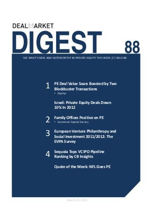 DIGEST                                                              88
SEE WHAT’S NEW AND NOTEWORTHY IN PRIVATE EQUITY THIS WEEK /// ISSUE 88




              1     PE Deal Value Soars Boosted by Two 
                    Blockbuster Transactions
                    • Zephyr


                    Israel: Private Equity Deals Down 
                    10% In 2012


              2     Family Offices Positive on PE  
                    • Somerset Capital Survey



              3     European Venture Philanthropy and 
                    Social Investment 2011/2012: The 
                    EVPA Survey


              4     Sequoia Tops VC IPO Pipeline 
                    Ranking by CB Insights 

                    Quote of the Week: NFL Goes PE




                               March 22, 2013
 