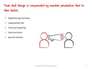 Poor deal design is compounded by counter productive face to
face tactics
 Negotiator ego and hubris
 Inappropriate style
 Positional bargaining
 Short term focus
 Ignored emotions
Copyright © Aha! Advantage 2013 4
 