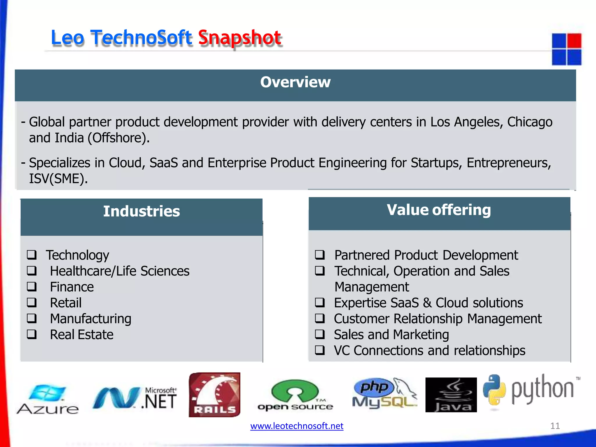 Leo TechnoSoft Snapshot
Value offeringIndustries
Overview
- Global partner product development provider with delivery centers in Los Angeles, Chicago
and India (Offshore).
- Specializes in Cloud, SaaS and Enterprise Product Engineering for Startups, Entrepreneurs,
ISV(SME).
 Technology
 Healthcare/Life Sciences
 Finance
 Retail
 Manufacturing
 Real Estate
 Partnered Product Development
 Technical, Operation and Sales
Management
 Expertise SaaS & Cloud solutions
 Customer Relationship Management
 Sales and Marketing
 VC Connections and relationships
www.leotechnosoft.net 11
 
