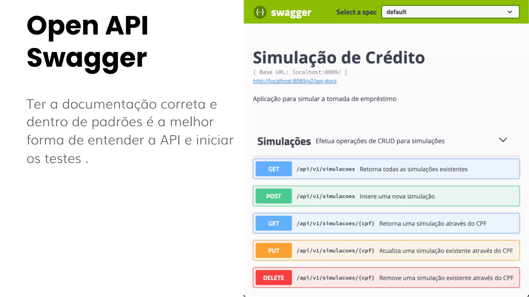Open API
Swagger
Ter a documentação correta e
dentro de padrões é a melhor
forma de entender a API e iniciar
os testes .
 