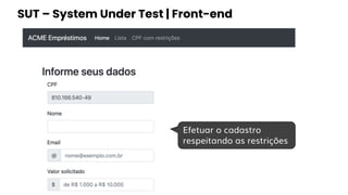 SUT – System Under Test | Front-end
Efetuar o cadastro
respeitando as restrições
 