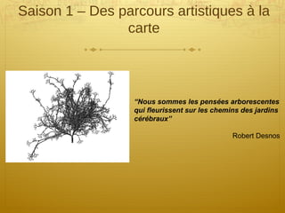 Saison 1 – Des parcours artistiques à la
carte
“Nous sommes les pensées arborescentes
qui fleurissent sur les chemins des jardins
cérébraux”
Robert Desnos
 