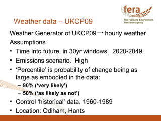 Weather data – UKCP09
Weather Generator of UKCP09 hourly weather
Assumptions
• Time into future, in 30yr windows. 2020-2049
• Emissions scenario. High
• ‘Percentile’ is probability of change being as
large as embodied in the data:
– 90% (‘very likely’)
– 50% (‘as likely as not’)
• Control ‘historical’ data. 1960-1989
• Location: Odiham, Hants
 