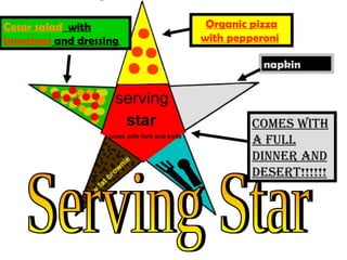 Serving Star Cesar salad   with   tomatoes   and  dressing   Organic pizza with pepperoni   Comes with a full dinner and desert!!!!!! Serving Star Serving Star napkin By: Dean Hinson 