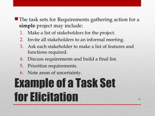 Example of a Task Set
for Elicitation
The task sets for Requirements gathering action for a
simple project may include:
1. Make a list of stakeholders for the project.
2. Invite all stakeholders to an informal meeting.
3. Ask each stakeholder to make a list of features and
functions required.
4. Discuss requirements and build a final list.
5. Prioritize requirements.
6. Note areas of uncertainty.
11
 