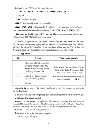 Điểm xét tuyển (ĐXT) tính theo công thức sau:
ĐXT = (1/4)×(HT12 + ĐM1 + ĐM2 + ĐM3) + (1/3)× (KV + ĐT)
Trong đó:
- ĐXT là điểm xét tuyển;
- HT12 Điểm trung bình học tập cả năm lớp 12;
- ĐM1, ĐM2 , ĐM3 là điểm tổng kết học tập lớp 12 các môn trong tổ hợp môn thi
theo ngành với điều kiện đảm bảo chất lượng: (1/3)×(ĐM1 + ĐM2 + ĐM3) >= 5.5 ;
- KV- mức ưu tiên khu vực và ĐT – mức ưu tiên đối tượng theo quy định của quy
chế tuyển sinh ĐH, CĐ hệ chính quy hiện hành;
- Số môn xét tuyển: ngành Công nghệ kỹ thuật công trình xây dựng (chuyên ngành
Xây dựng dân dụng & công nghiệp; Hạ tầng kỹ thuật đô thị), Quản lý xây dựng; Kế toán:
xét tuyển ba môn, môn Toán cộng với hai môn trong số các môn sau Vật Lý, Hóa học,
Ngoại ngữ, Ngữ văn cộng với trung bình chung kết quả học tập năm lớp 12
Tổ hợp 3 môn
TT Ngành Tổ hợp môn xét tuyển
1 Công nghệ kỹ thuật công trình
xây dựng (chuyên ngành Xây
dựng dân dụng & công nghiệp;
Hạ tầng kỹ thuật đô thị)
Toán, Vật lý, Hóa học/; Toán, Vật lý,
Ngoại ngữ/; Toán, Ngoại ngữ, Ngữ
Văn/; Toán, Hóa học, Ngoại ngữ
Kết hợp với điểm trung bình chung các
môn học năm lớp 12 (HT12)
2 Quản lý xây dựng ( chuyên
ngành Kinh tế xây dựng)
3 Kế toán
- Nguyên tắc xét tuyển: Lấy thí sinh có điểm xét tuyển (ĐXT) từ cao trở xuống cho
tới khi đủ chỉ tiêu.
c. Chỉ tiêu: Chỉ tiêu dành cho phương thức 2 là 20% tổng chỉ tiêu tuyển sinh được giao
d. Trình tự đăng kí của thí sinh
Bước 1: Thí sinh đăng kí xét tuyển theo mẫu phụ lục 5 (có đăng trên trang Web của
trường). Thí sinh có thể gửi phiếu đăng kí trực tiếp cho trường Cao đẳng xây dựng Nam
Định qua con đường Bưu điện hoặc nộp trực tiếp cho phòng Đào tạo của trường.
Bước 2: Thí sinh làm hồ sơ đăng kí xét tuyển
Hồ sơ đăng kí xét tuyển vào trường bao gồm:
- Phiếu đăng kí xét tuyển.
4
 