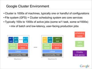 Google Cluster Environment

• Cluster is 1000s of machines, typically one or handful of configurations
• File system (GFS) + Cluster scheduling system are core services
• Typically 100s to 1000s of active jobs (some w/1 task, some w/1000s)
      • mix of batch and low-latency, user-facing production jobs

                                                                   scheduling
                                                                     master
    job 1 job 3
     task   task
                   ...   job 12
                         task
                                        job 7 job 3
                                        task   task
                                                          job 5
                                                          task
                                                                      GFS
      chunk
      server
                   scheduling
                     slave        ...    chunk
                                         server
                                                      scheduling
                                                        slave
                                                                     master


               Linux                              Linux              Chubby
      Commodity HW                        Commodity HW             lock service

            Machine 1                          Machine N
 
