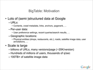 BigTable: Motivation

• Lots of (semi-)structured data at Google
  – URLs:
    • Contents, crawl metadata, links, anchors, pagerank, …
  – Per-user data:
    • User preference settings, recent queries/search results, …
  – Geographic locations:
    • Physical entities (shops, restaurants, etc.), roads, satellite image data, user
      annotations, …
• Scale is large
  – billions of URLs, many versions/page (~20K/version)
  – Hundreds of millions of users, thousands of q/sec
  – 100TB+ of satellite image data
 