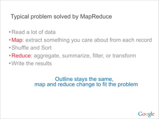 Typical problem solved by MapReduce

• Read a lot of data
• Map: extract something you care about from each record
• Shuff...