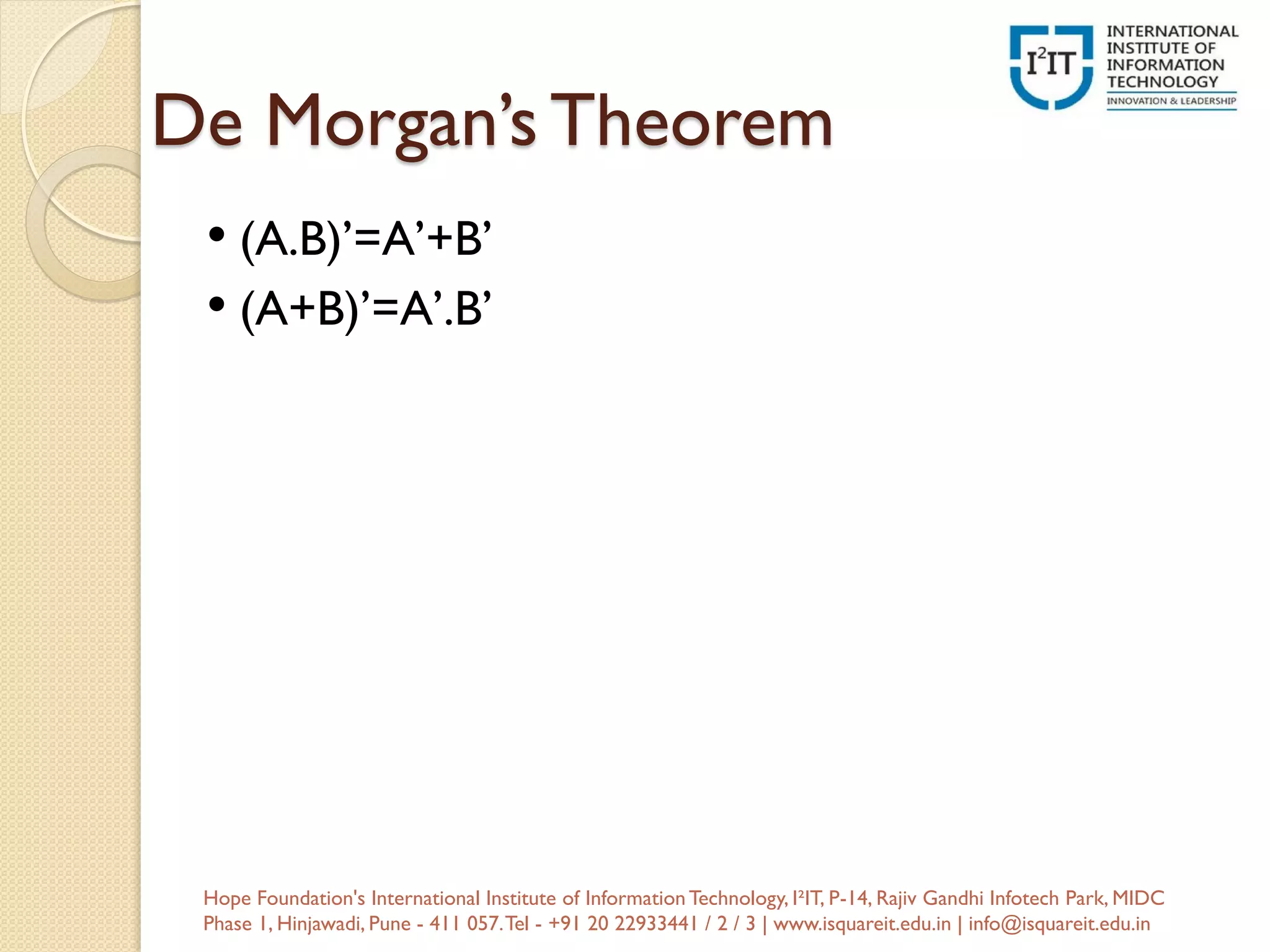De Morgan’s Theorem
• (A.B)’=A’+B’
• (A+B)’=A’.B’
Hope Foundation's International Institute of InformationTechnology, I²IT, P-14, Rajiv Gandhi Infotech Park, MIDC
Phase 1, Hinjawadi, Pune - 411 057.Tel - +91 20 22933441 / 2 / 3 | www.isquareit.edu.in | info@isquareit.edu.in
 