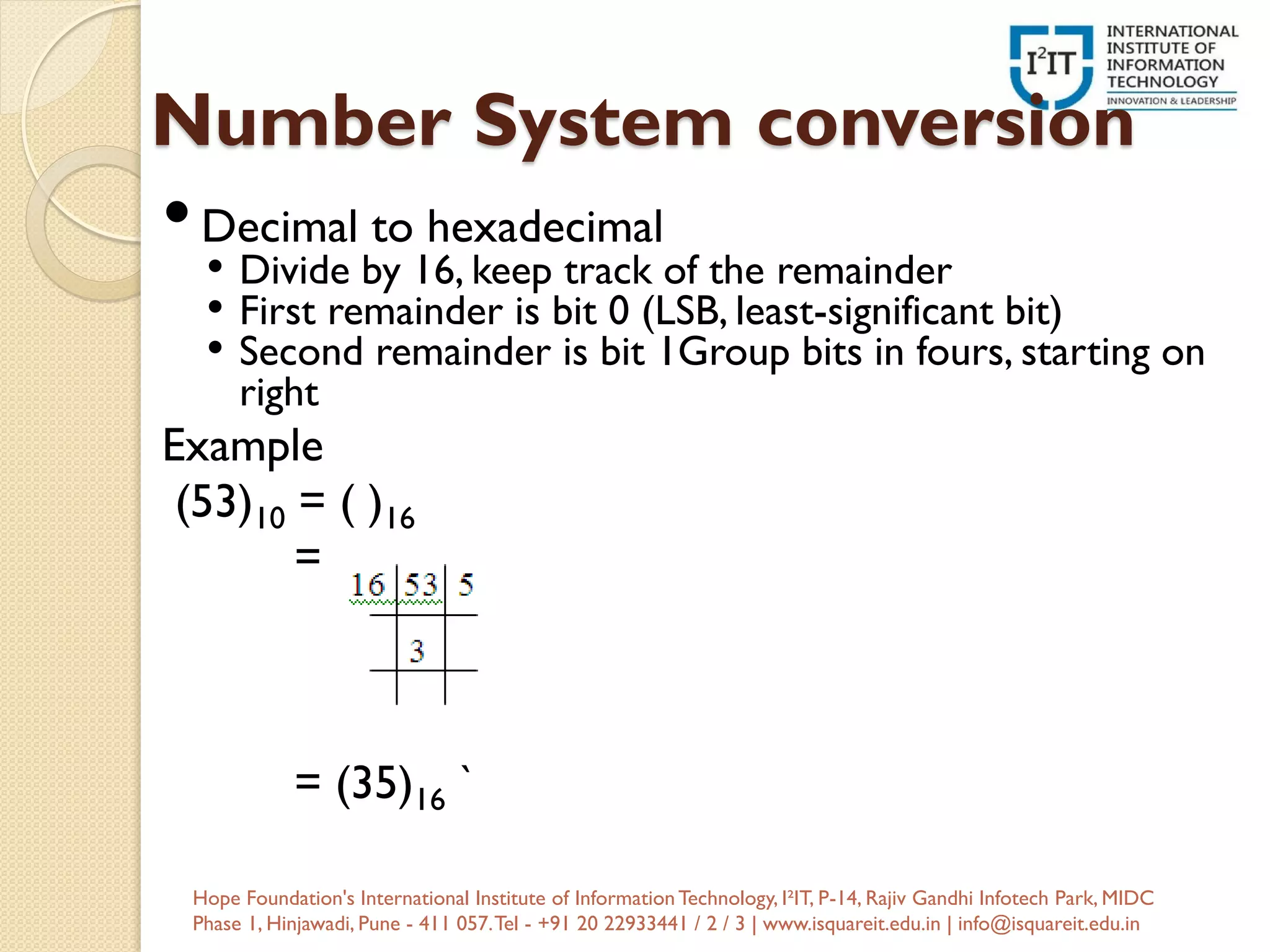 Number System conversion
•Decimal to hexadecimal
• Divide by 16, keep track of the remainder
• First remainder is bit 0 (LSB, least-significant bit)
• Second remainder is bit 1Group bits in fours, starting on
right
Example
(53)10 = ( )16
=
= (35)16 `
Hope Foundation's International Institute of InformationTechnology, I²IT, P-14, Rajiv Gandhi Infotech Park, MIDC
Phase 1, Hinjawadi, Pune - 411 057.Tel - +91 20 22933441 / 2 / 3 | www.isquareit.edu.in | info@isquareit.edu.in
 