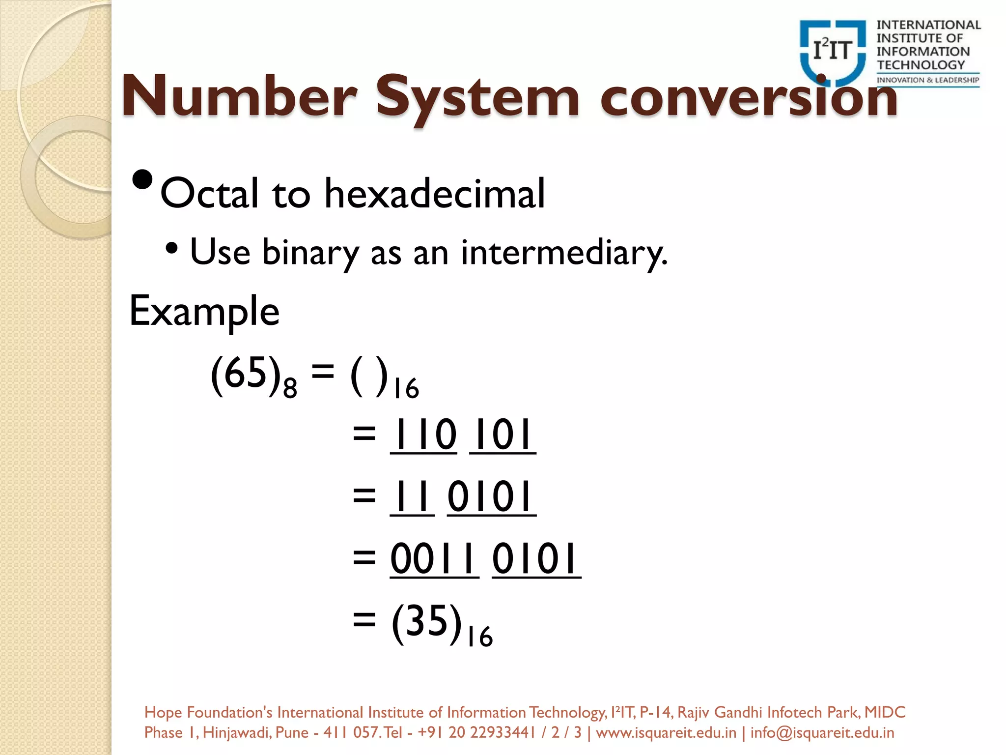 Number System conversion
•Octal to hexadecimal
• Use binary as an intermediary.
Example
(65)8 = ( )16
= 110 101
= 11 0101
= 0011 0101
= (35)16
Hope Foundation's International Institute of InformationTechnology, I²IT, P-14, Rajiv Gandhi Infotech Park, MIDC
Phase 1, Hinjawadi, Pune - 411 057.Tel - +91 20 22933441 / 2 / 3 | www.isquareit.edu.in | info@isquareit.edu.in
 