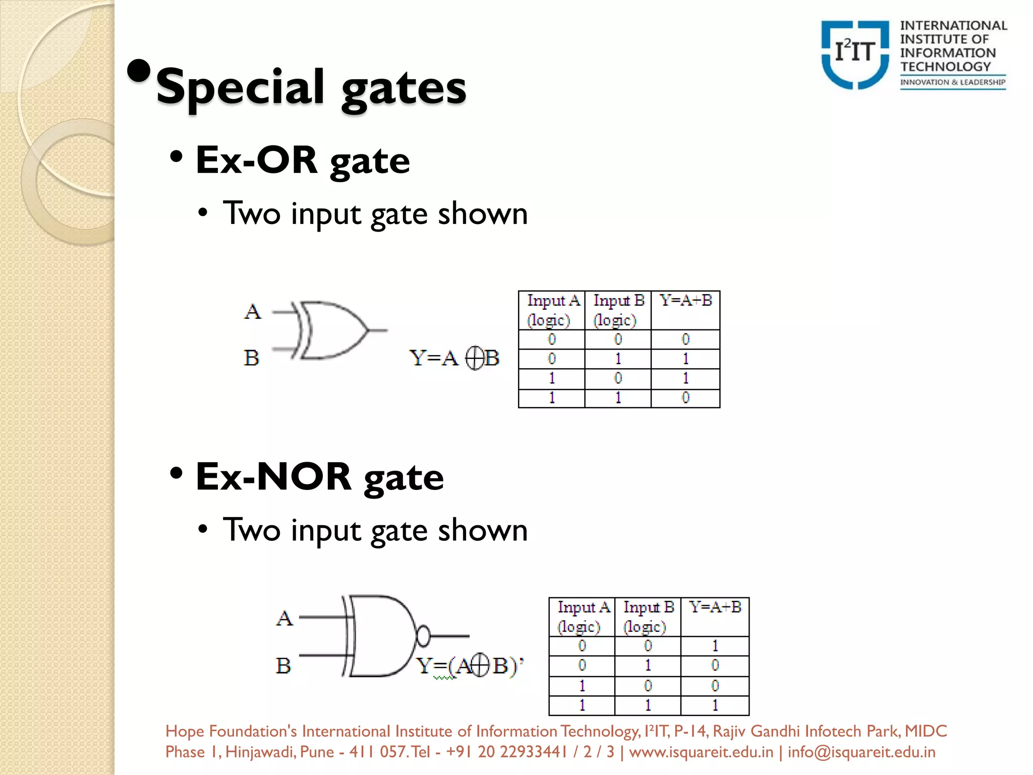 •Special gates
• Ex-OR gate
• Two input gate shown
• Ex-NOR gate
• Two input gate shown
Hope Foundation's International Institute of InformationTechnology, I²IT, P-14, Rajiv Gandhi Infotech Park, MIDC
Phase 1, Hinjawadi, Pune - 411 057.Tel - +91 20 22933441 / 2 / 3 | www.isquareit.edu.in | info@isquareit.edu.in
 