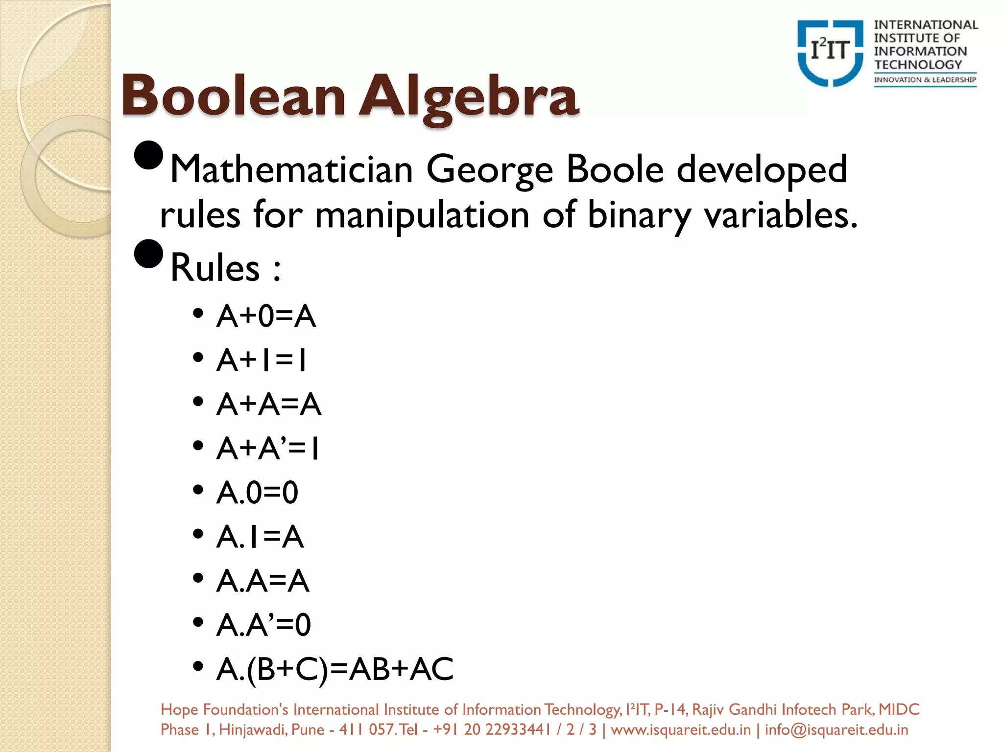 Boolean Algebra
Mathematician George Boole developed
rules for manipulation of binary variables.
Rules :
• A+0=A
• A+1=1
• A+A=A
• A+A’=1
• A.0=0
• A.1=A
• A.A=A
• A.A’=0
• A.(B+C)=AB+AC
Hope Foundation's International Institute of InformationTechnology, I²IT, P-14, Rajiv Gandhi Infotech Park, MIDC
Phase 1, Hinjawadi, Pune - 411 057.Tel - +91 20 22933441 / 2 / 3 | www.isquareit.edu.in | info@isquareit.edu.in
 