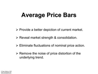 Average Price Bars

                      Provide a better depiction of current market.

                      Reveal market strength & consolidation.

                      Eliminate fluctuations of nominal price action.

                      Remove the noise of price distortion of the
                      underlying trend.



© Dean Malone, 2007
www.compassfx.com
 