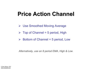 Price Action Channel
                         Use Smoothed Moving Average

                         Top of Channel = 5 period, High

                         Bottom of Channel = 5 period, Low


                      Alternatively, use an 8 period EMA, High & Low.




© Dean Malone, 2007
www.compassfx.com
 