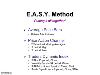 E.A.S.Y. Method
                            Putting it all together!

                      Average Price Bars
                      - Heiken Ashi indicator


                      Price Action Channel
                      - 2 Smoothed Moving Averages
                      - 5 period, High
                      - 5 period, Low

                      Traders Dynamic Index
                      -   RSI = 13 period, Close
                      -   Volatility Band = 34 period, Close
                      -   RSI Price Line = 2 period, Close, SMA
                      -   Trade Signal Line = 7 period, Close, SMA
© Dean Malone, 2007
www.compassfx.com
 