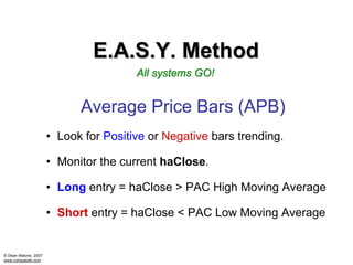 E.A.S.Y. Method
                                       All systems GO!


                            Average Price Bars (APB)
                      • Look for Positive or Negative bars trending.

                      • Monitor the current haClose.

                      • Long entry = haClose > PAC High Moving Average

                      • Short entry = haClose < PAC Low Moving Average


© Dean Malone, 2007
www.compassfx.com
 
