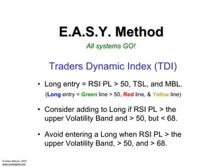 E.A.S.Y. Method
                                        All systems GO!


                         Traders Dynamic Index (TDI)
                      • Long entry = RSI PL > 50, TSL, and MBL.
                        (Long entry = Green line > 50, Red line, & Yellow line)

                      • Consider adding to Long if RSI PL > the
                        upper Volatility Band and > 50, but < 68.

                      • Avoid entering a Long when RSI PL > the
                        upper Volatility Band, > 50, and > 68.

© Dean Malone, 2007
www.compassfx.com
 