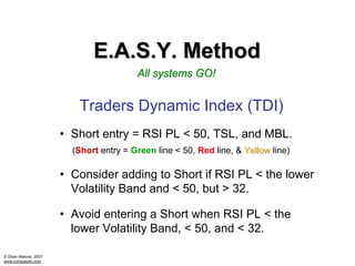 E.A.S.Y. Method
                                        All systems GO!


                         Traders Dynamic Index (TDI)
                      • Short entry = RSI PL < 50, TSL, and MBL.
                        (Short entry = Green line < 50, Red line, & Yellow line)

                      • Consider adding to Short if RSI PL < the lower
                        Volatility Band and < 50, but > 32.

                      • Avoid entering a Short when RSI PL < the
                        lower Volatility Band, < 50, and < 32.

© Dean Malone, 2007
www.compassfx.com
 