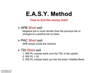 E.A.S.Y. Method
                             Time to Exit the money train!

                      APB Short exit
                       Negative bar is much shorter than the previous bar or
                       changes to a positive bar at close.

                      PAC Short exit
                       APB closes inside the channel.

                      TDI Short exit
                       1. RSI PL crosses back over the TSL to the upside.
                       2. RSI PL < 32.
                       3. RSI PL crosses back up over the lower Volatility Band.



© Dean Malone, 2007
www.compassfx.com
 