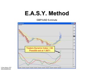 E.A.S.Y. Method
                                GBP/USD 5-minute




                      Traders Dynamic Index > 68.
                         Possible exit at 1.8871




© Dean Malone, 2007
www.compassfx.com
 