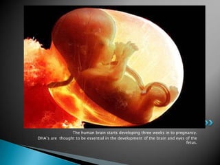 The human brain starts developing three weeks in to pregnancy.
DHA’s are thought to be essential in the development of the brain and eyes of the
                                                                           fetus.
 