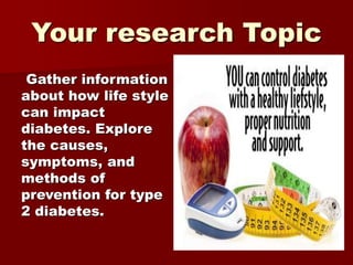 Your research Topic
Gather information
about how life style
can impact
diabetes. Explore
the causes,
symptoms, and
methods...