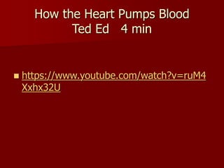 How the Heart Pumps Blood
Ted Ed 4 min
 https://www.youtube.com/watch?v=ruM4
Xxhx32U
 