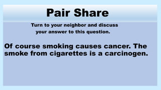 Pair Share
Turn to your neighbor and discuss
your answer to this question.
Of course smoking causes cancer. The
smoke from cigarettes is a carcinogen.
 