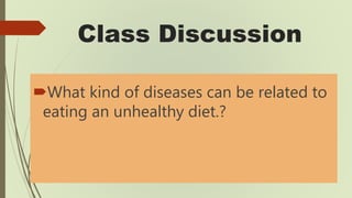 Class Discussion
What kind of diseases can be related to
eating an unhealthy diet.?
 