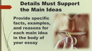 Prepare to Write
Use your outline and
write an essay on
your topic.
As you write your
rough draft, it will be
very impor...