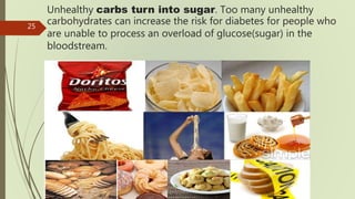 Unhealthy carbs turn into sugar. Too many unhealthy
carbohydrates can increase the risk for diabetes for people who
are un...