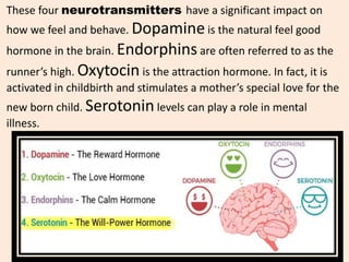 These four neurotransmitters have a significant impact on
how we feel and behave. Dopamine is the natural feel good
hormone in the brain. Endorphinsare often referred to as the
runner’s high. Oxytocin is the attraction hormone. In fact, it is
activated in childbirth and stimulates a mother’s special love for the
new born child. Serotonin levels can play a role in mental
illness.
 