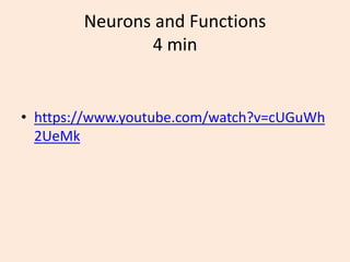 Neurons and Functions
4 min
• https://www.youtube.com/watch?v=cUGuWh
2UeMk
 
