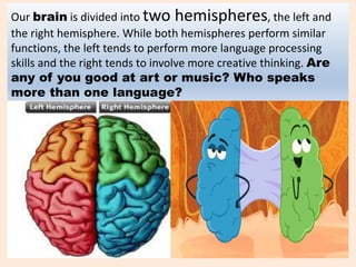Our brain is divided into two hemispheres, the left and
the right hemisphere. While both hemispheres perform similar
functions, the left tends to perform more language processing
skills and the right tends to involve more creative thinking. Are
any of you good at art or music? Who speaks
more than one language?
 
