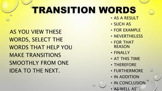 TRANSITION WORDS
AS YOU VIEW THESE
WORDS, SELECT THE
WORDS THAT HELP YOU
MAKE TRANSITIONS
SMOOTHLY FROM ONE
IDEA TO THE NEXT.
• AS A RESULT
• SUCH AS
• FOR EXAMPLE
• NEVERTHELESS
• FOR THAT
REASON
• FINALLY
• AT THIS TIME
• THEREFORE
• FURTHERMORE
• IN ADDITION
• IN CONCLUSION
• AS WELL AS
39
 