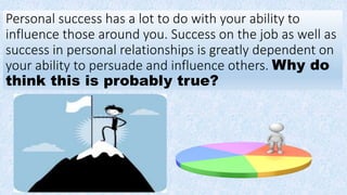 Personal success has a lot to do with your ability to
influence those around you. Success on the job as well as
success in...