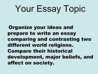 Your Essay Topic
Organize your ideas and
prepare to write an essay
comparing and contrasting two
different world religions...