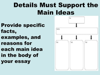 Details Must Support the
Main Ideas
Provide specific
facts,
examples, and
reasons for
each main idea
in the body of
your e...