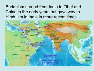 Buddhism spread from India to Tibet and
China in the early years but gave way to
Hinduism in India in more recent times.
 