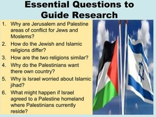 Essential Questions to
Guide Research
1. Why are Jerusalem and Palestine
areas of conflict for Jews and
Moslems?
2. How do...