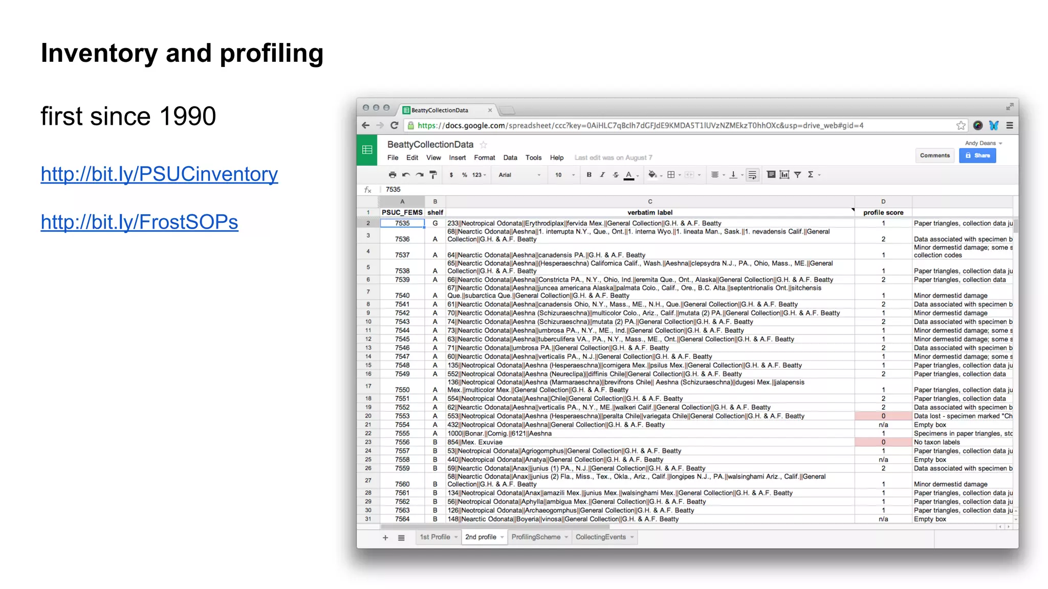 Inventory and profiling
first since 1990
http://bit.ly/PSUCinventory
http://bit.ly/FrostSOPs

 
