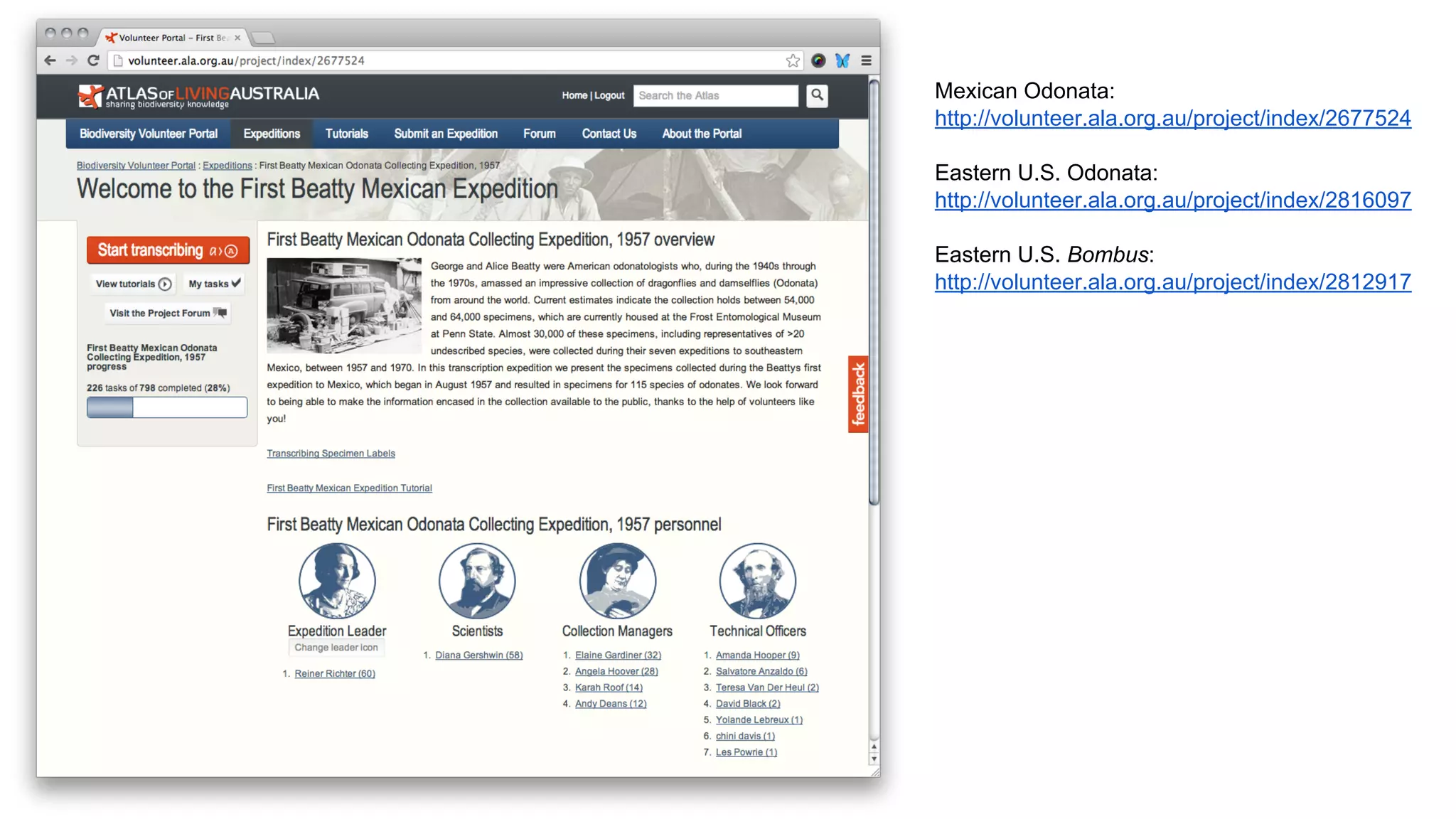 Mexican Odonata:
http://volunteer.ala.org.au/project/index/2677524
Eastern U.S. Odonata:
http://volunteer.ala.org.au/project/index/2816097
Eastern U.S. Bombus:
http://volunteer.ala.org.au/project/index/2812917

 